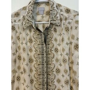 Chicos 1 Sheer Button Front Blouse Sz 8/10 Green Ivory Diamond Print Long Sleeve